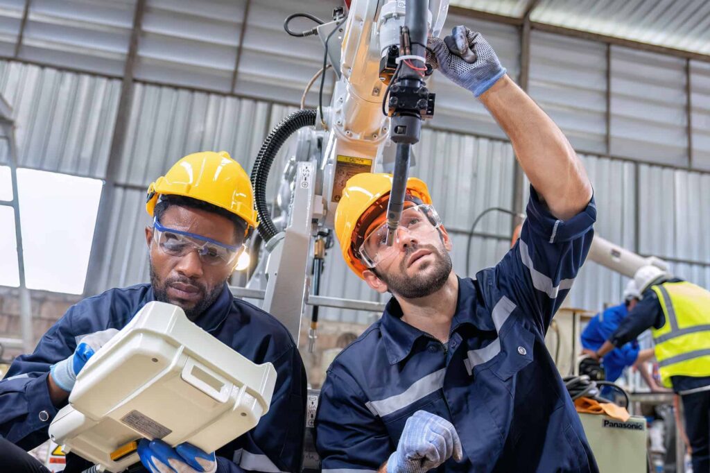 maintenance engineer repair and programing robotic arm in factory industry robot service shop 1