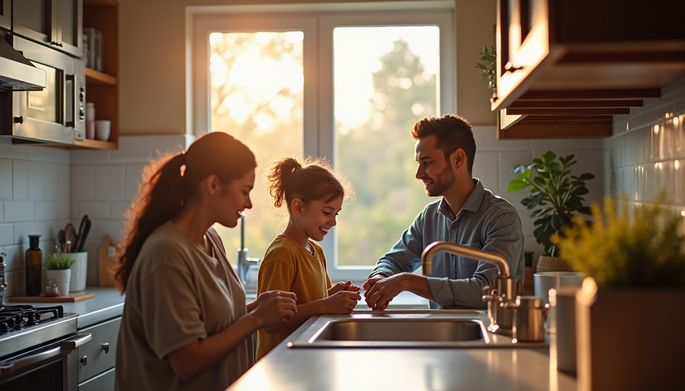 Family in Sacramento kitchen near exposed copper pipes