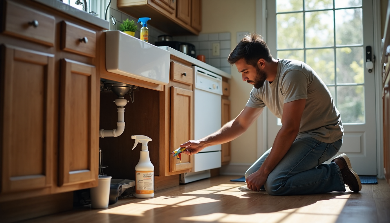 Homeowner checking pipe leak under kitchen sink daylight