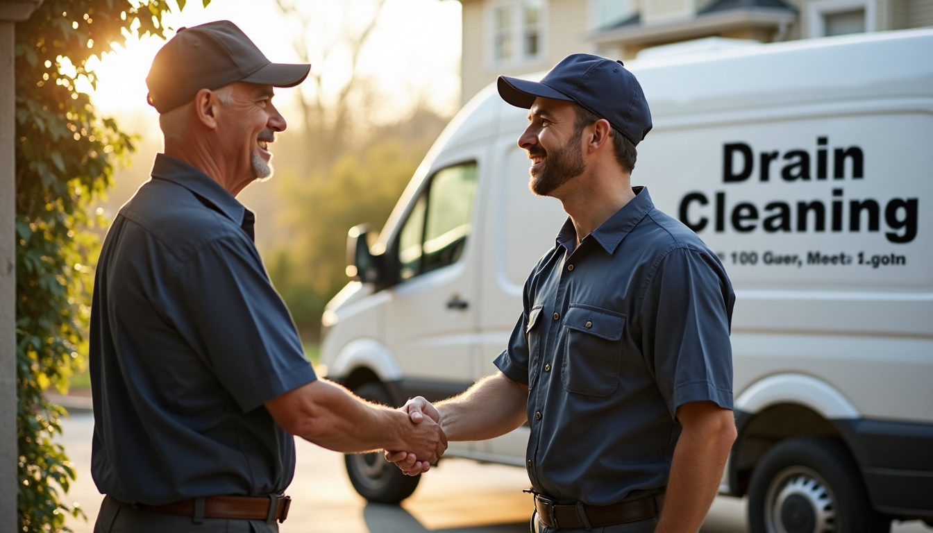 Plumber greets homeowner at sunny doorstep with van branded 'Drain Cleaning'