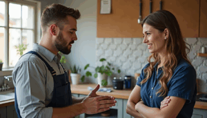 Plumber and homeowner reviewing plumbing maintenance in bright kitchen