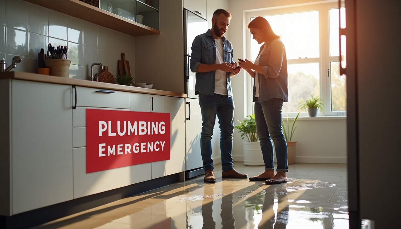 Homeowners react to burst pipe in sunlit kitchen