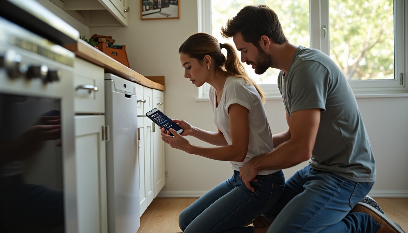 Couple inspecting plumbing under kitchen sink with phone showing 'Kitchen Plumbing' text