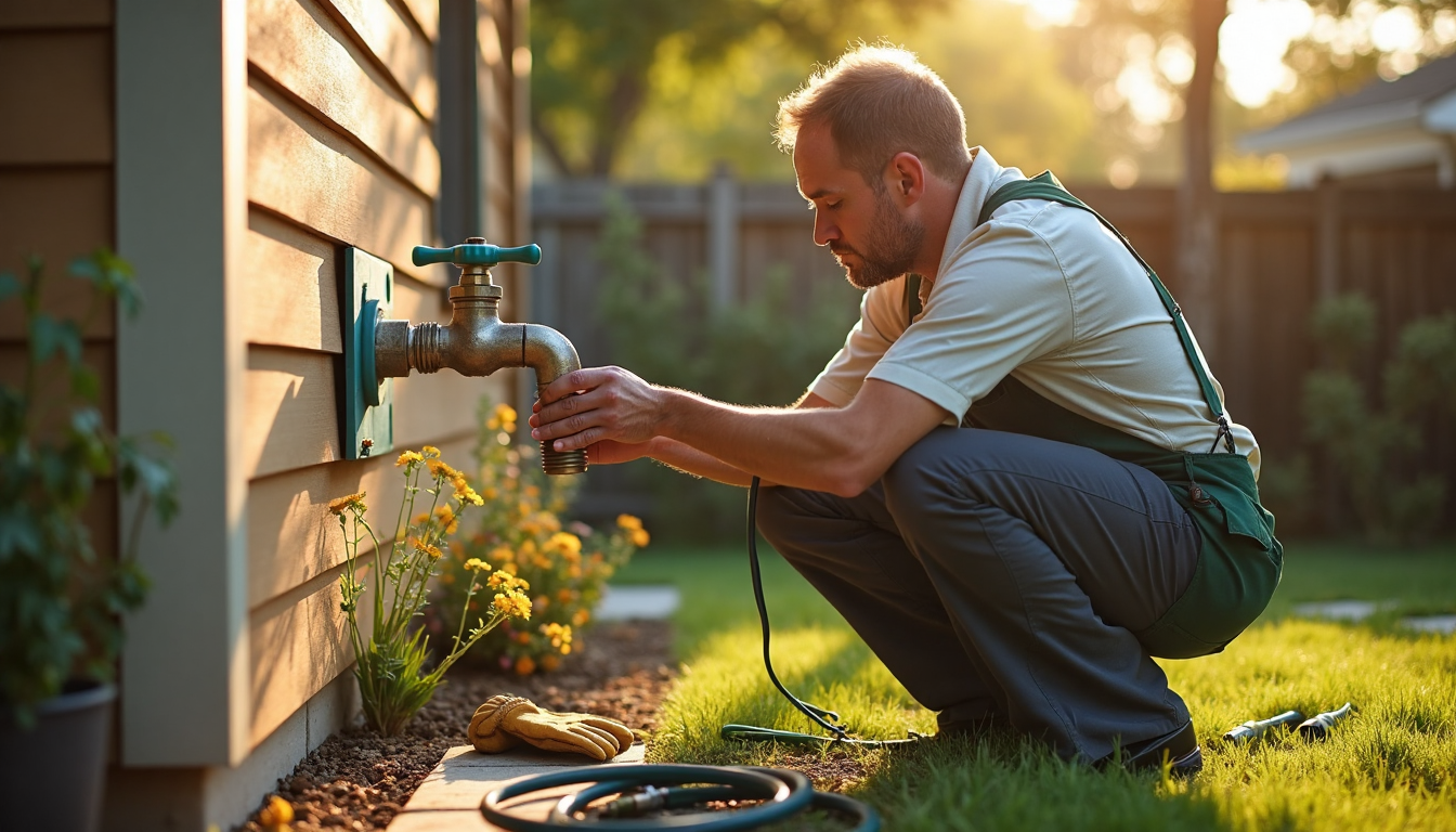 Homeowner inspecting backyard faucet for leaks at sunrise