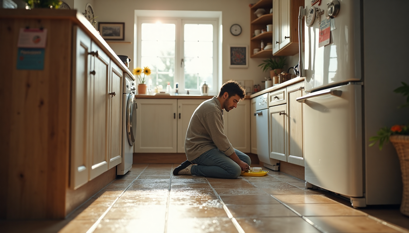 Homeowner checks leak under kitchen sink with safety banner on fridge
