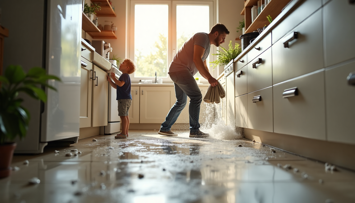 Family dealing with major water leak in kitchen, showing urgency