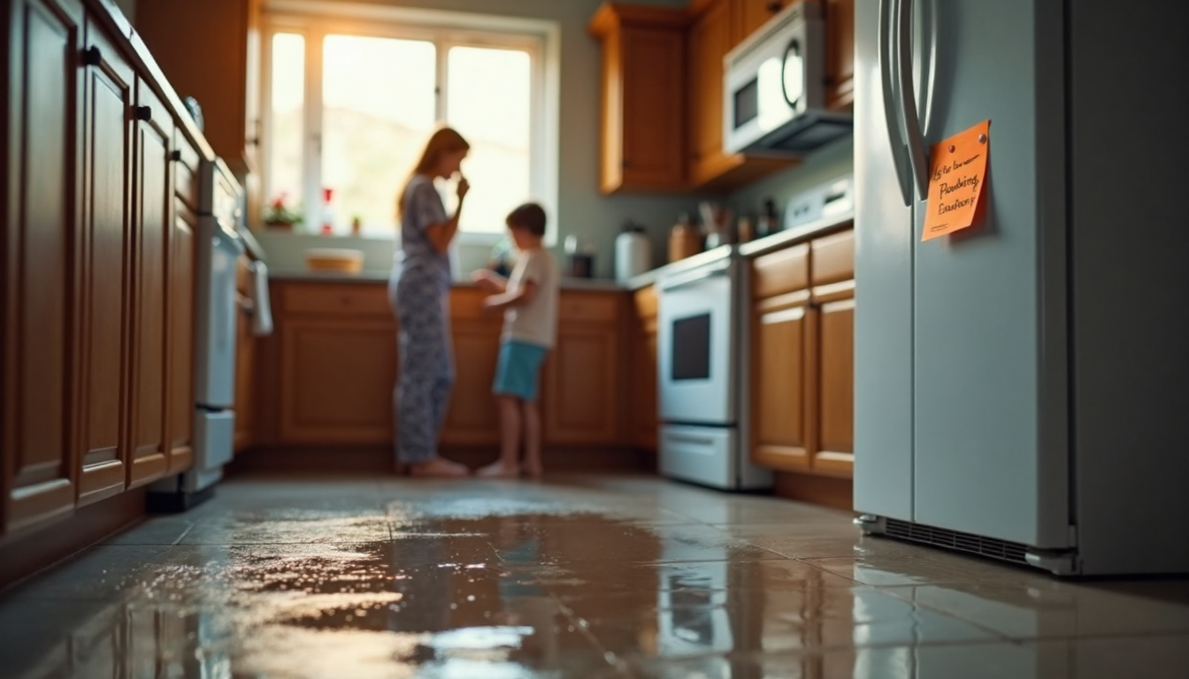 Worried homeowner calling plumber as water leaks in kitchen