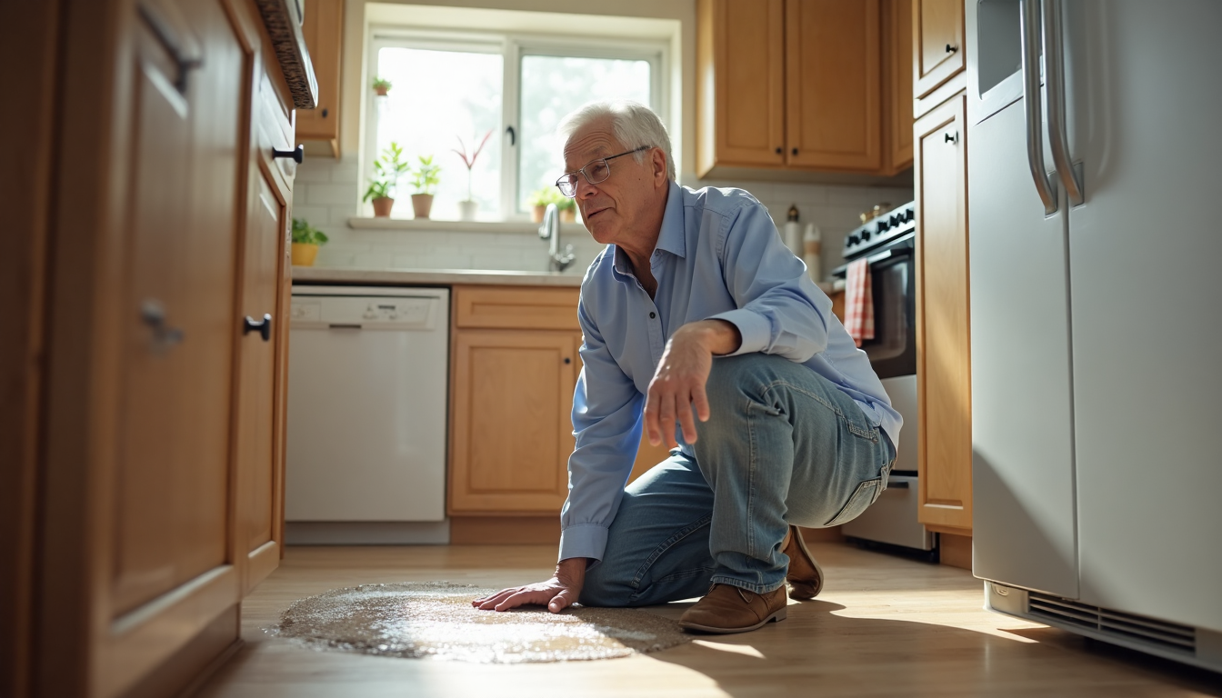 Homeowner discovers kitchen leak with 'Leak Detection' flyer visible