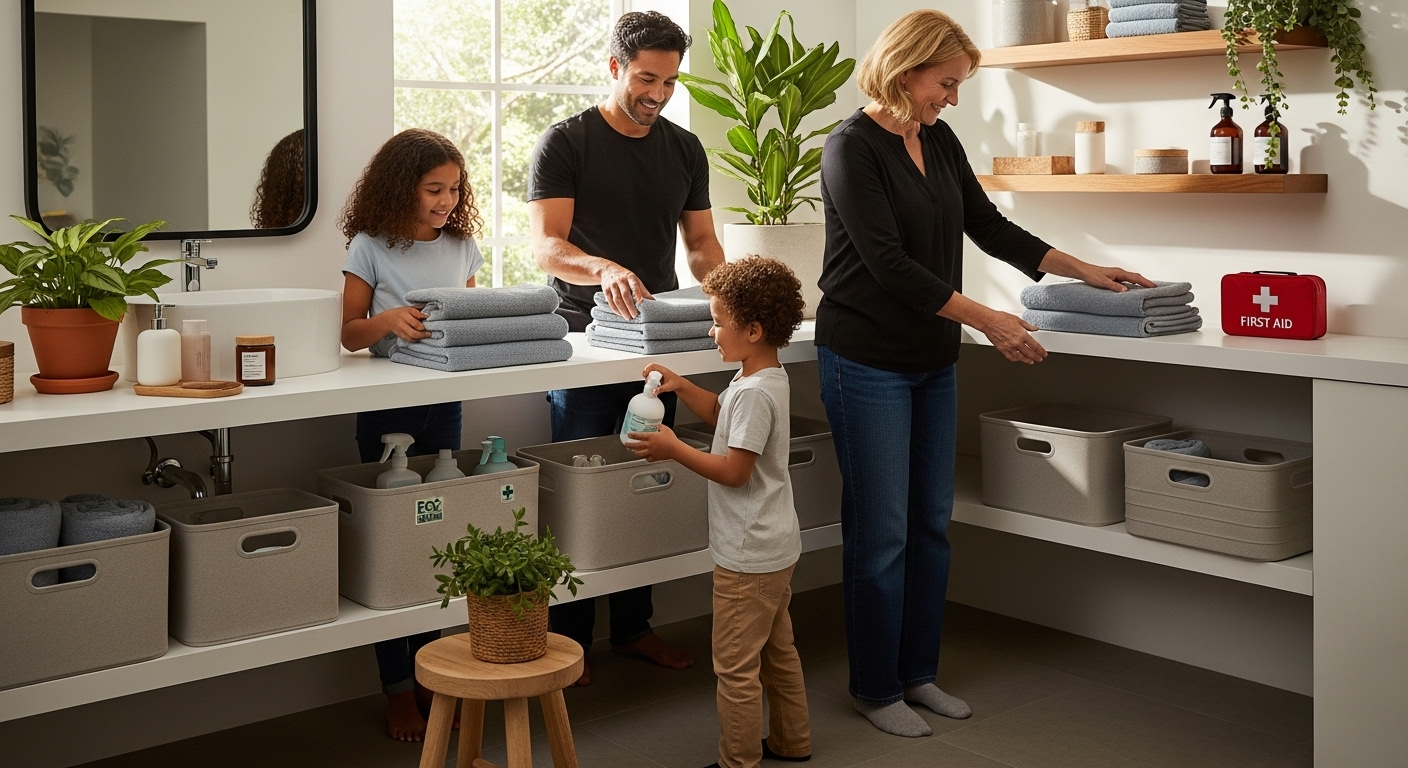 bathroom supply essentials, modern family bathroom, organization