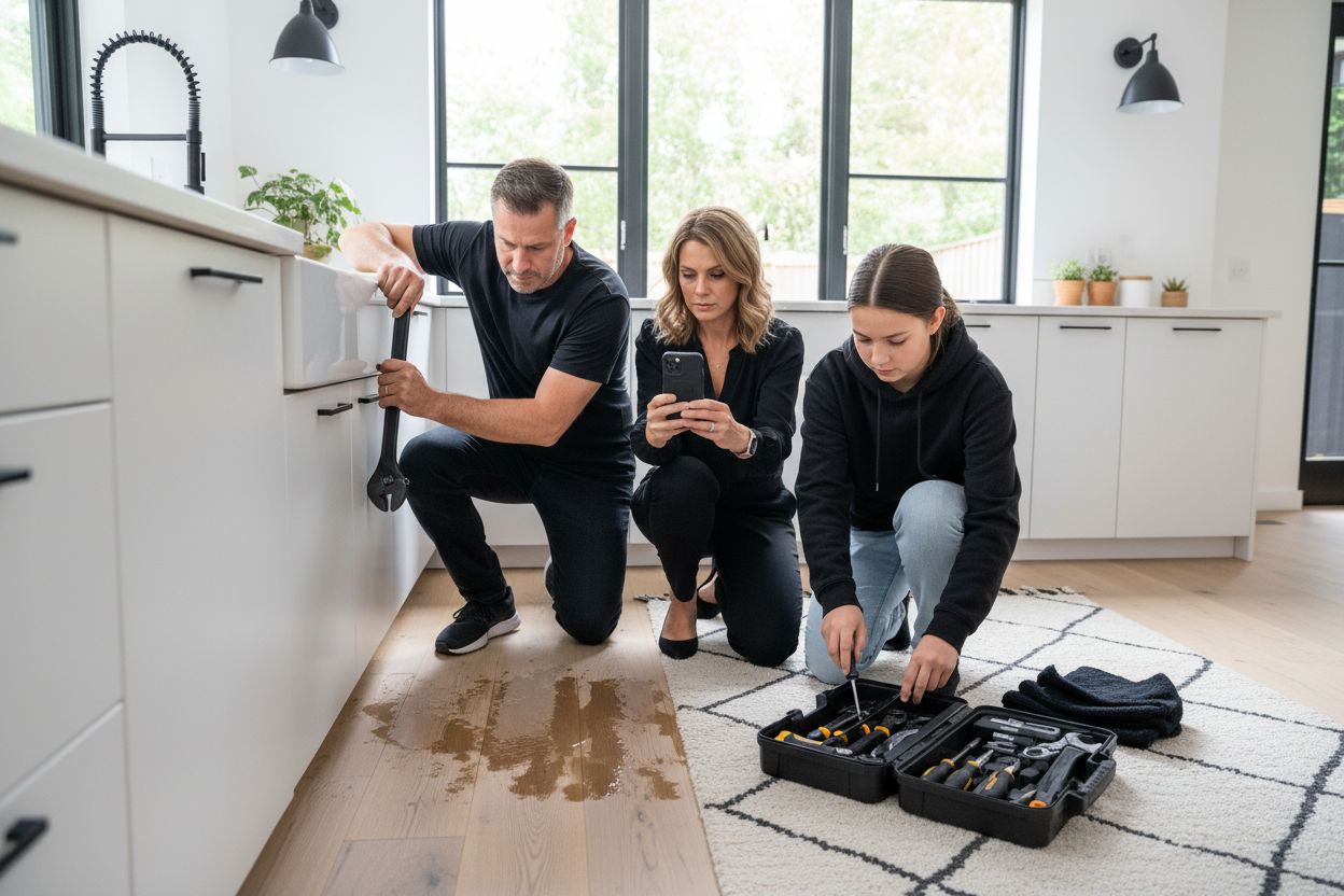 emergency home repair, family teamwork, home safety