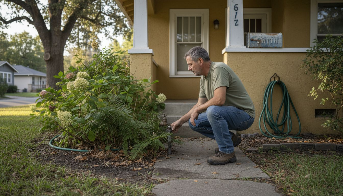 Homeowner checking exterior plumbing valve