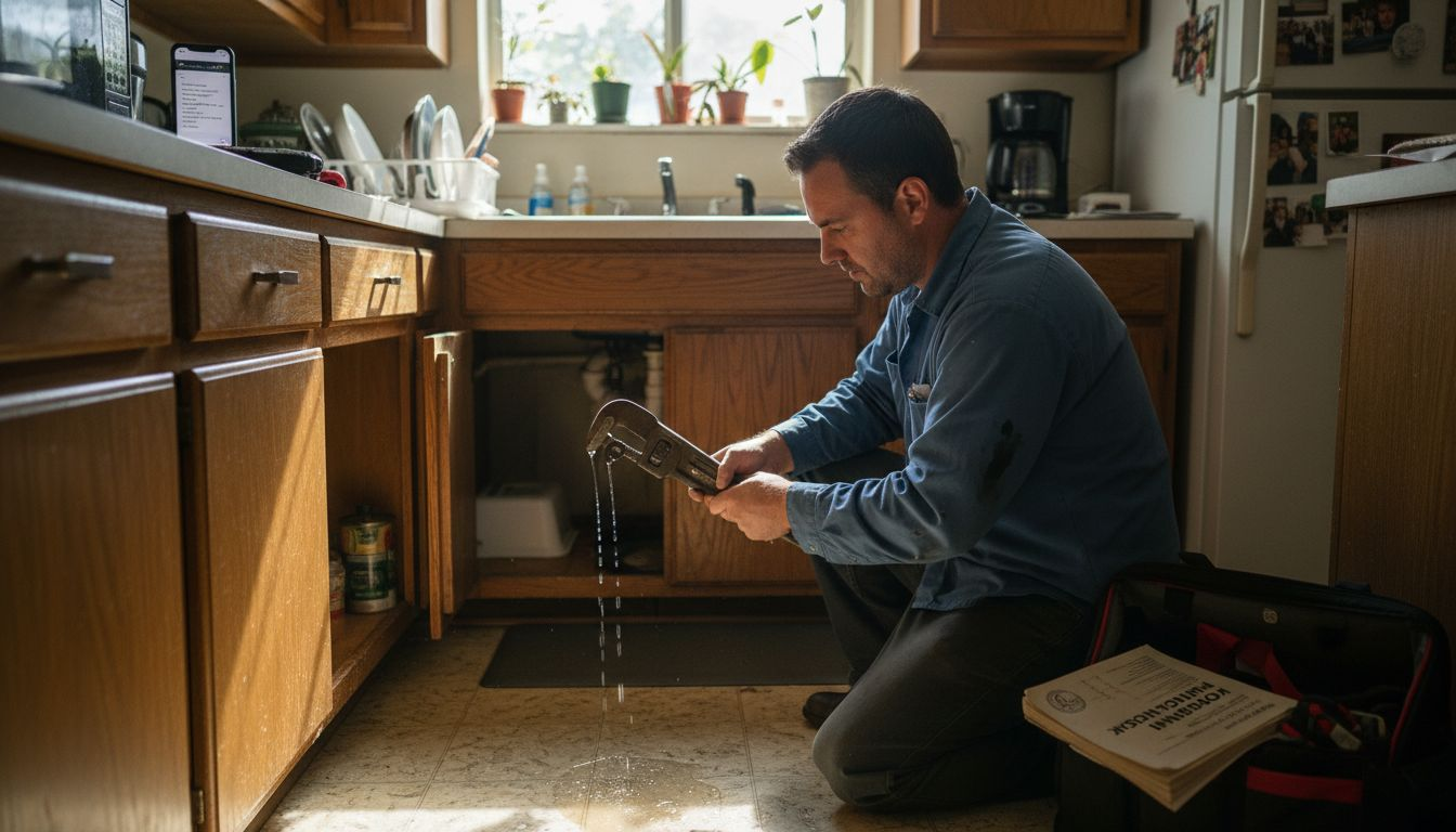 Plumber repairing leak in Sacramento home