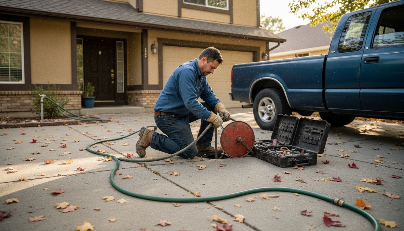 Plumber cleaning exterior drain of Sacramento home