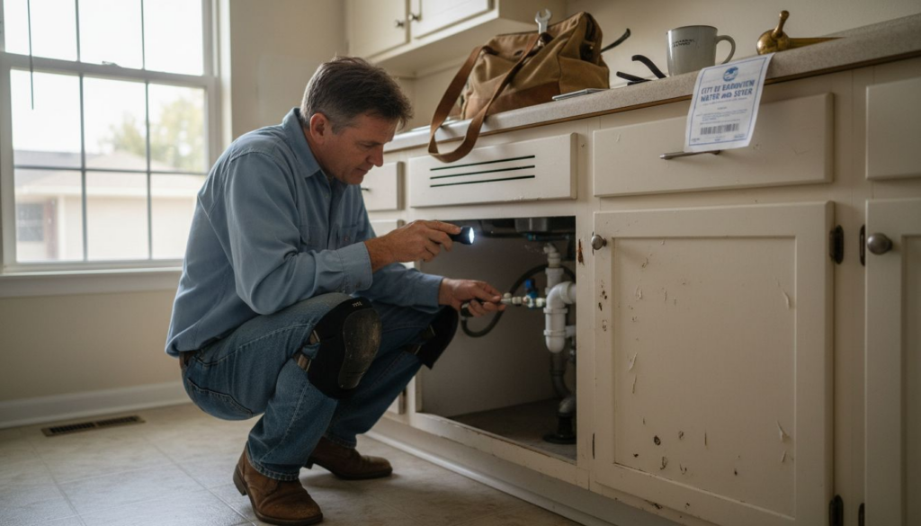 Homeowner inspecting plumbing under kitchen sink