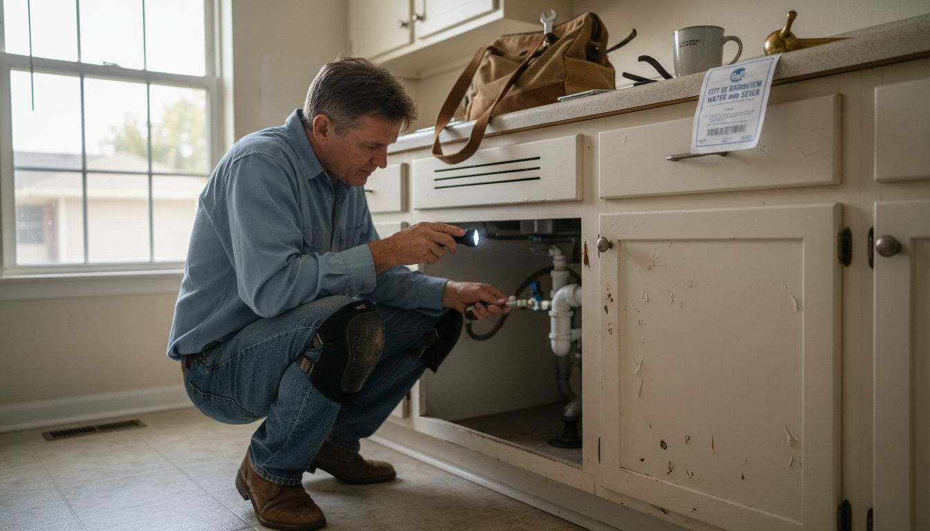 Homeowner inspecting plumbing under kitchen sink