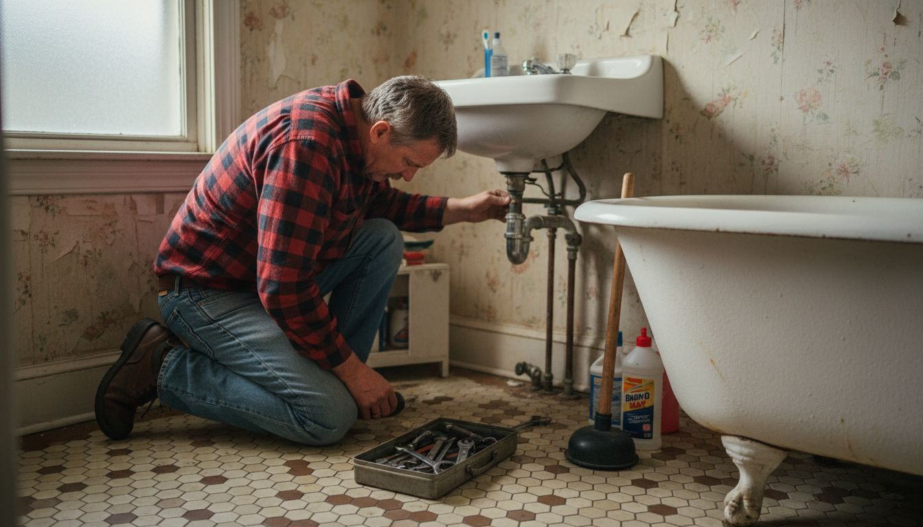Homeowner checks under-sink bathroom plumbing