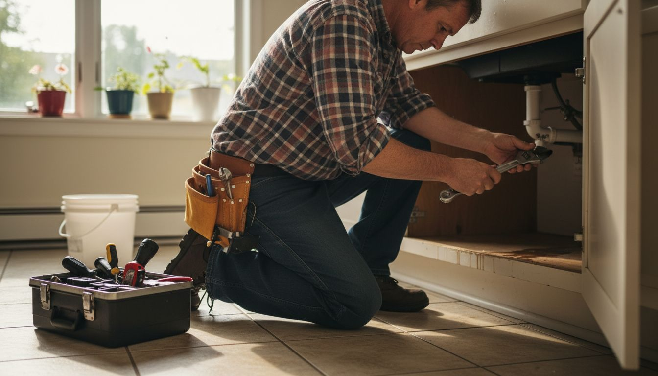 Plumber inspecting pipes under kitchen sink