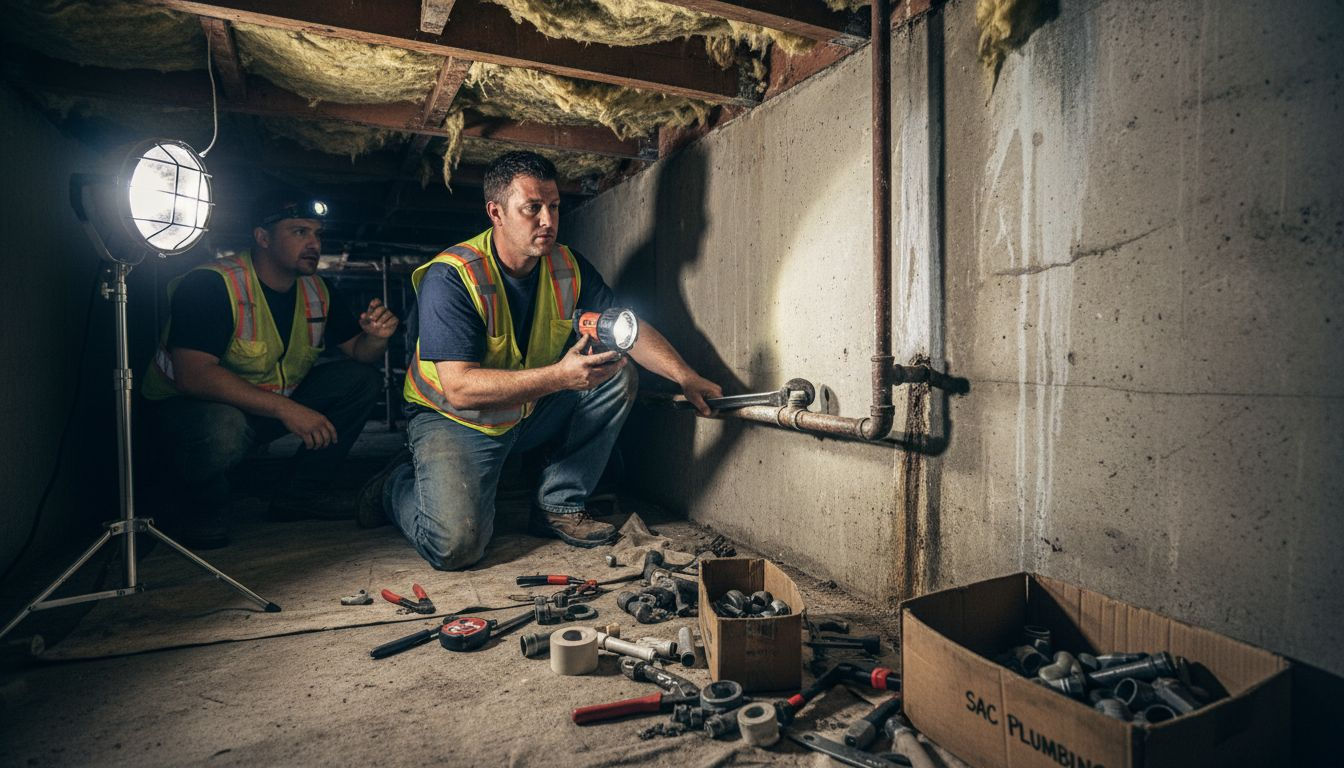 Plumbers performing urgent pipe replacement in crawl space