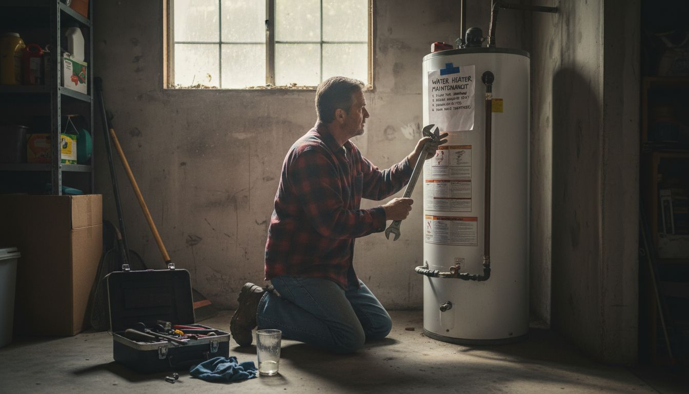 Homeowner performing water heater maintenance in garage