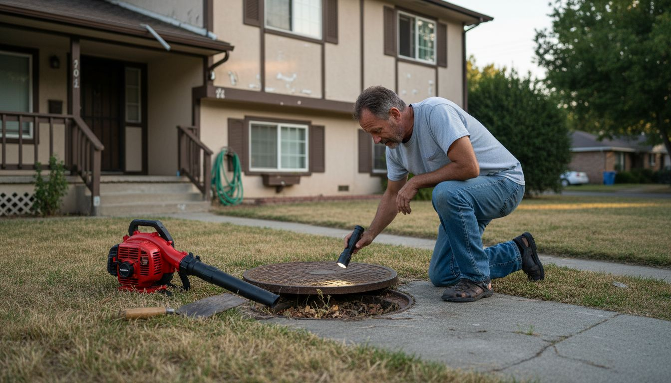 Homeowner inspecting outdoor drain in Sacramento