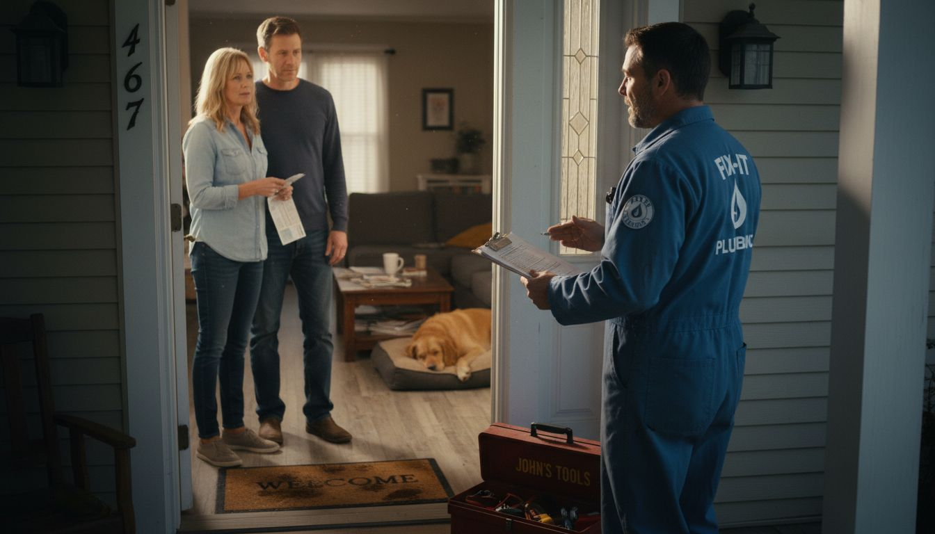 Plumber discussing service with homeowners