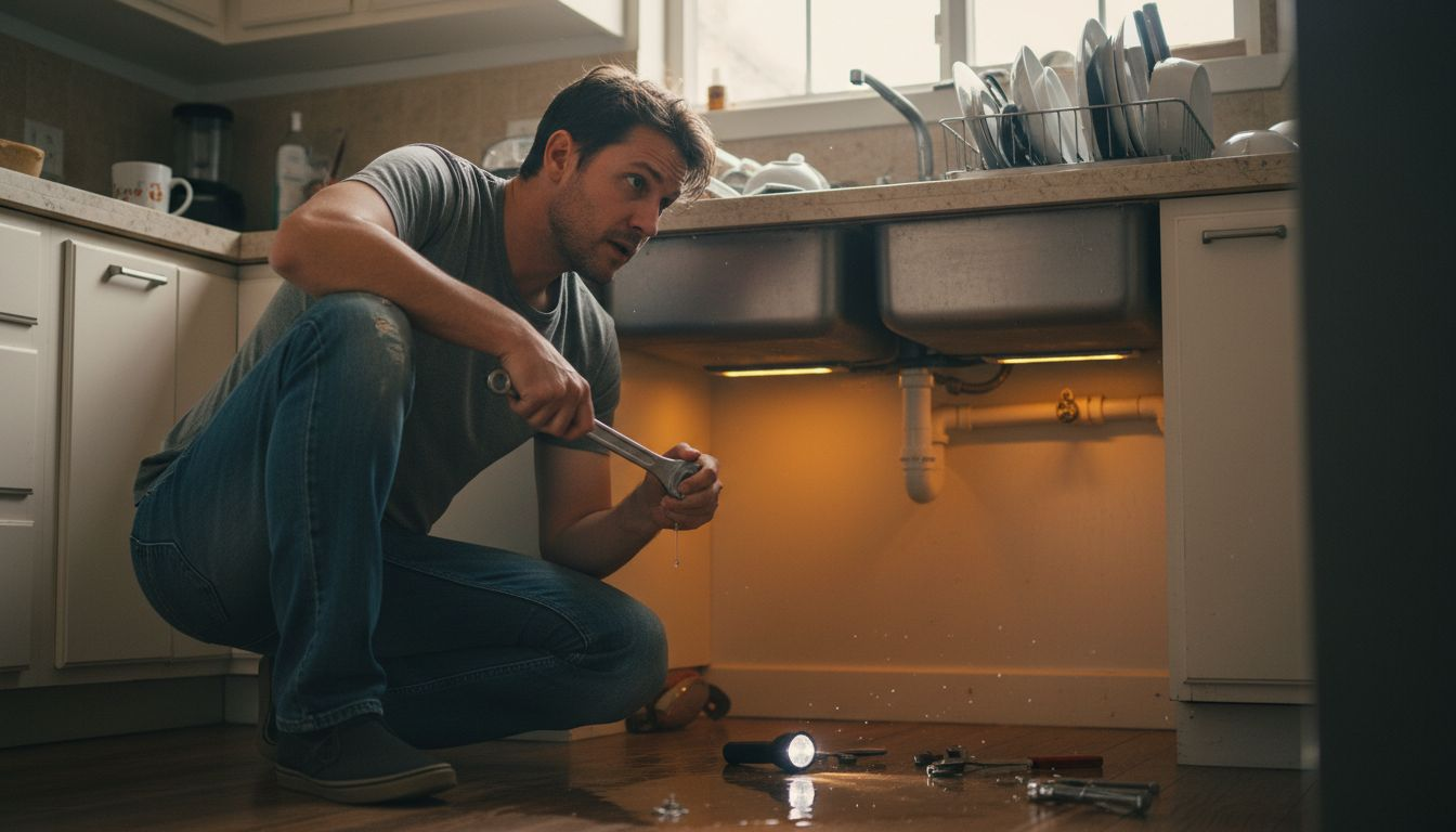 Homeowner fixing leaking pipe under kitchen sink