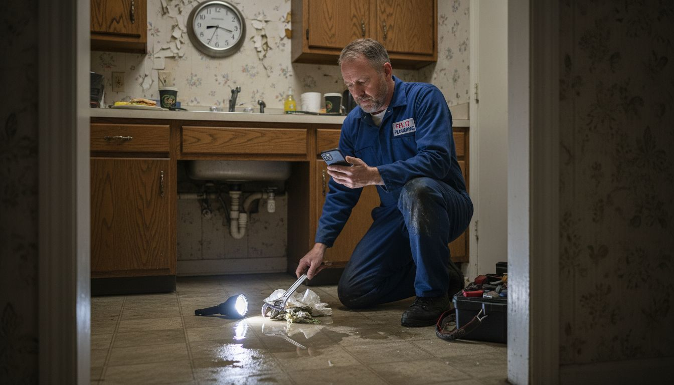 Emergency plumber fixing late night kitchen leak