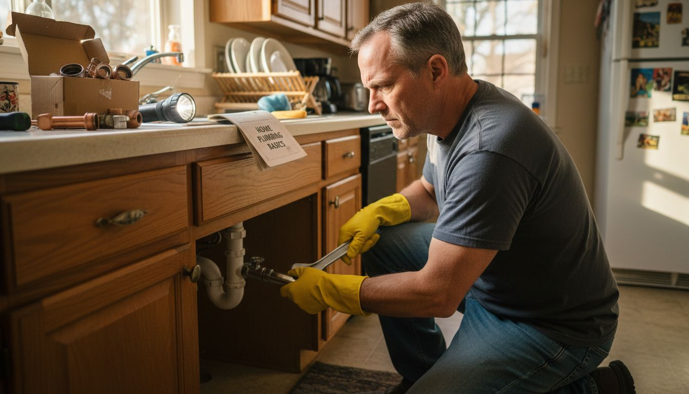 Homeowner wearing gloves repairs kitchen plumbing
