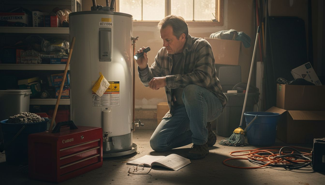 Homeowner checking water heater controls in garage