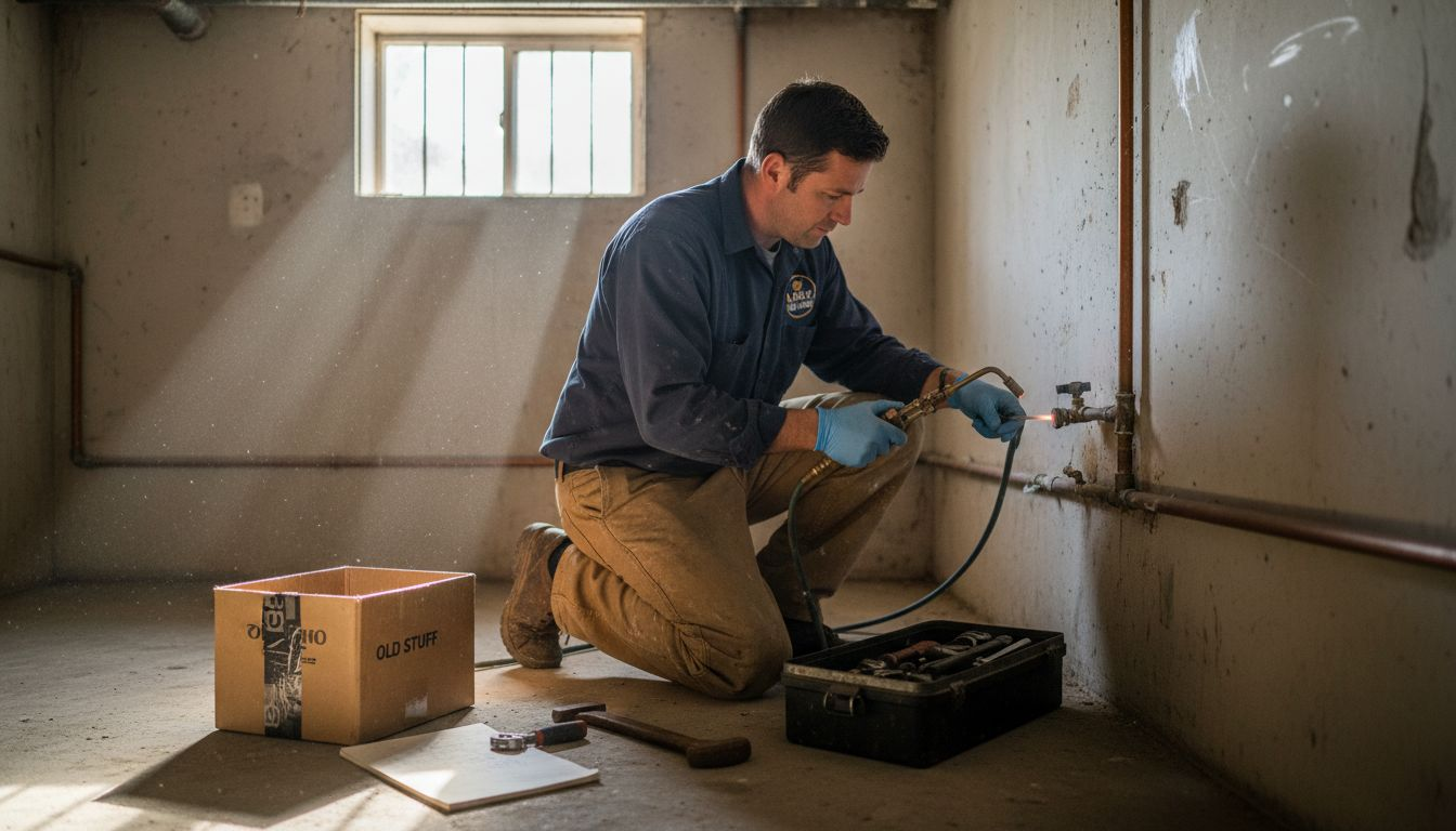 Plumber checks pipes in Sacramento basement