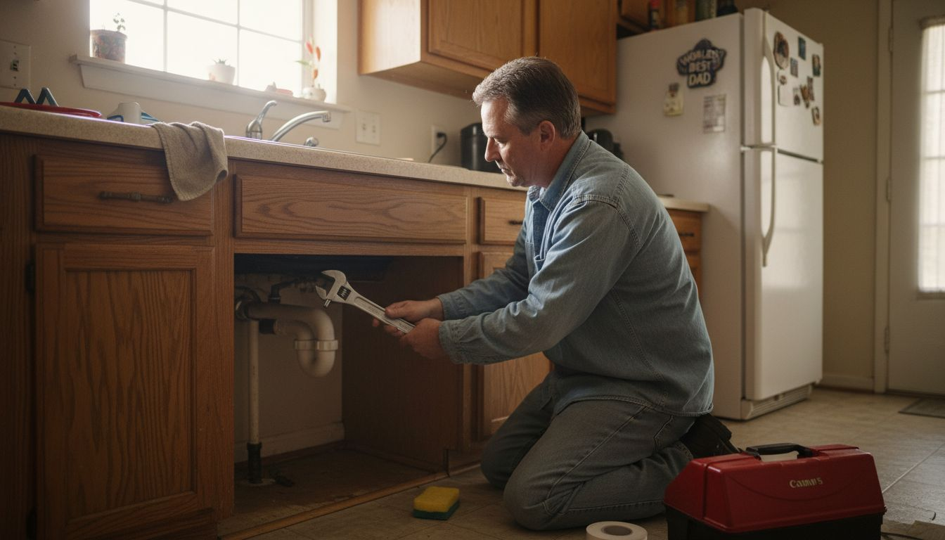 Homeowner repairing pipe under kitchen sink