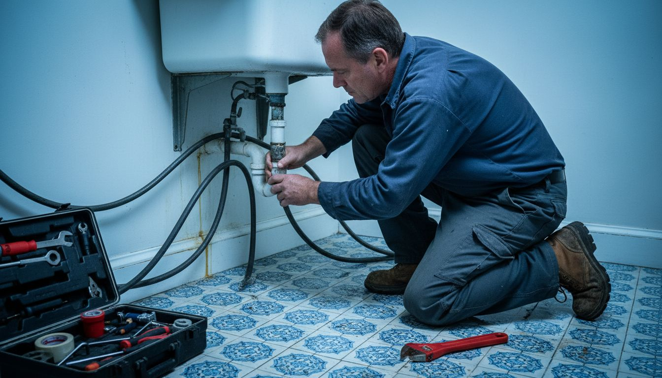 Plumber repairing leak in laundry room