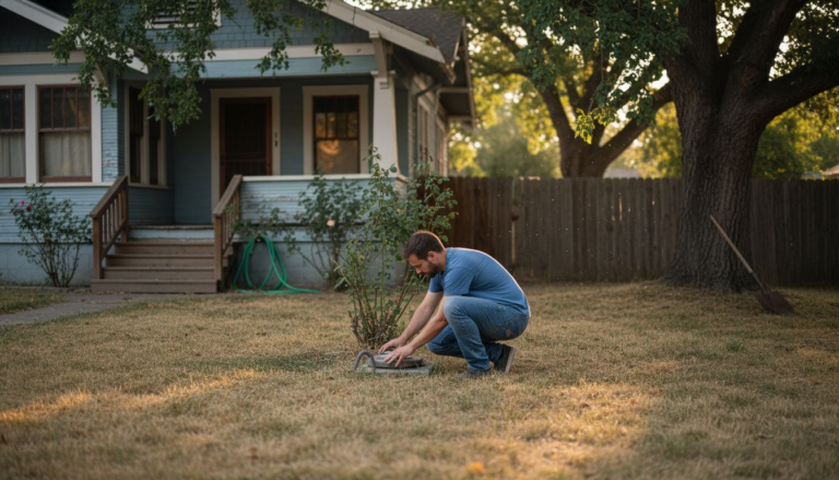Homeowner inspecting water meter outside bungalow