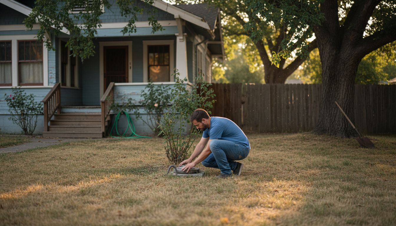 Homeowner inspecting water meter outside bungalow