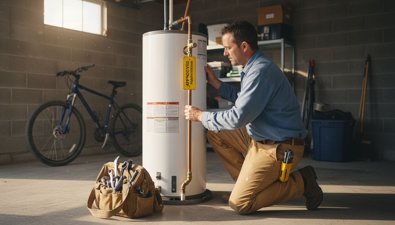 Plumber installing water heater in garage