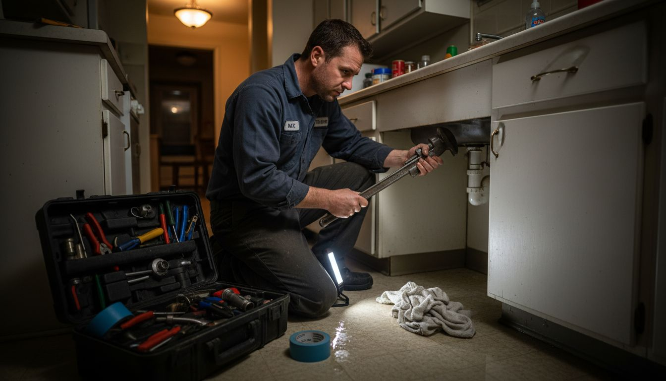 Plumber fixing leak during late night emergency