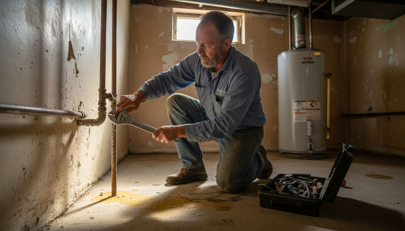 Plumber repairing Sacramento home basement leak