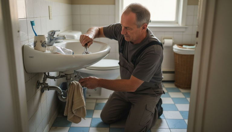 Homeowner repairing bathroom faucet with tools