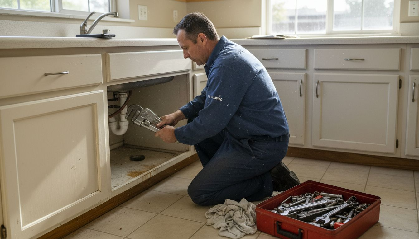 Plumber fixing kitchen sink in Sacramento home