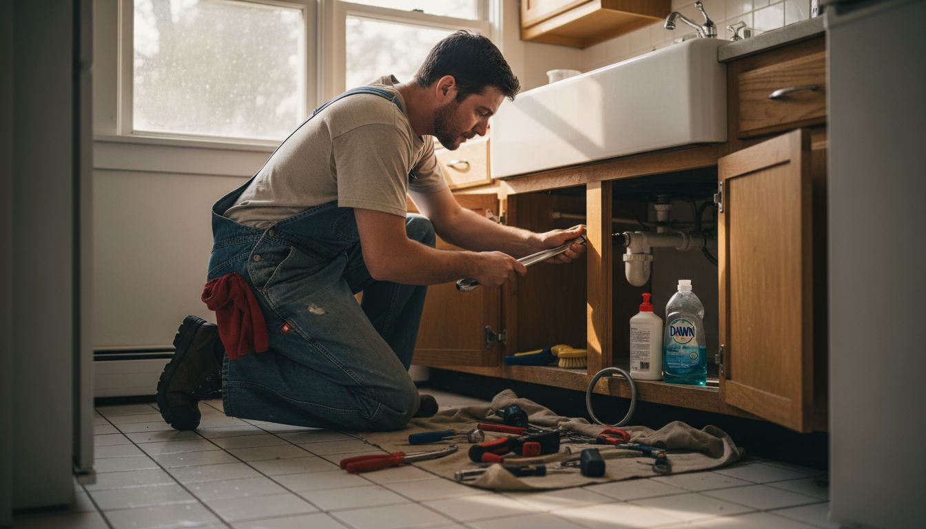 Plumber repairing kitchen pipe in Sacramento home