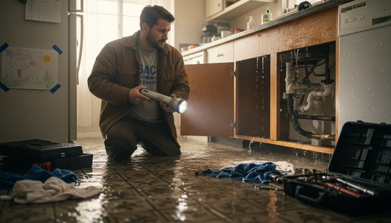 Plumber inspecting flooded Sacramento kitchen pipes