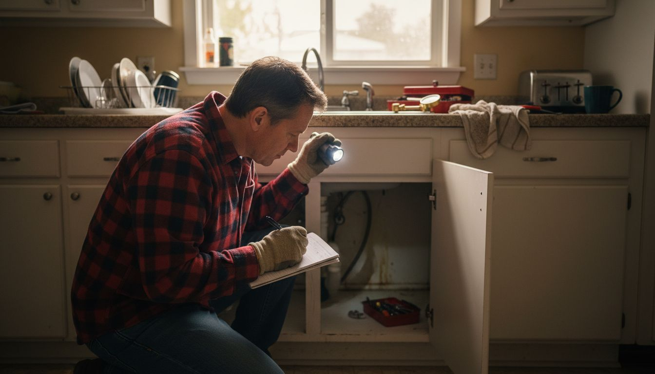 Homeowner inspecting plumbing kitchen sink