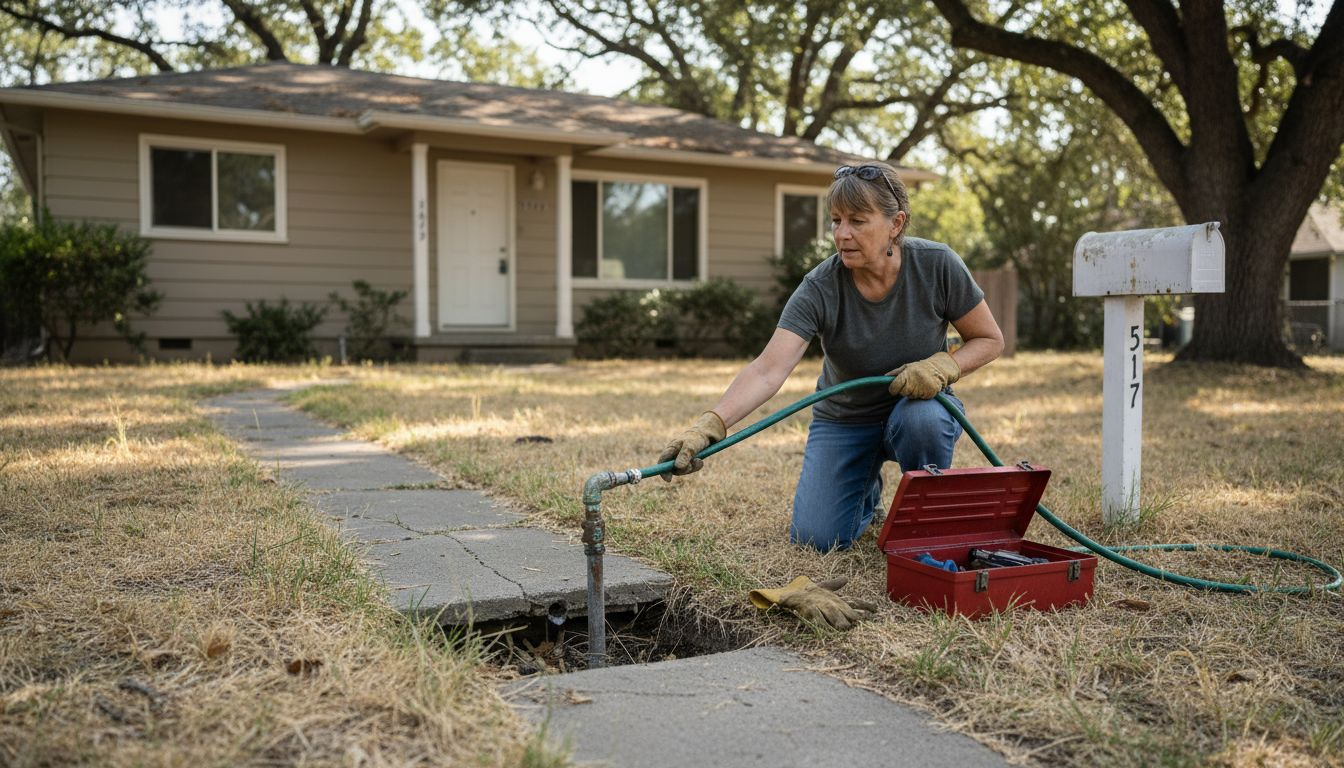 Homeowner inspecting outdoor pipe maintenance