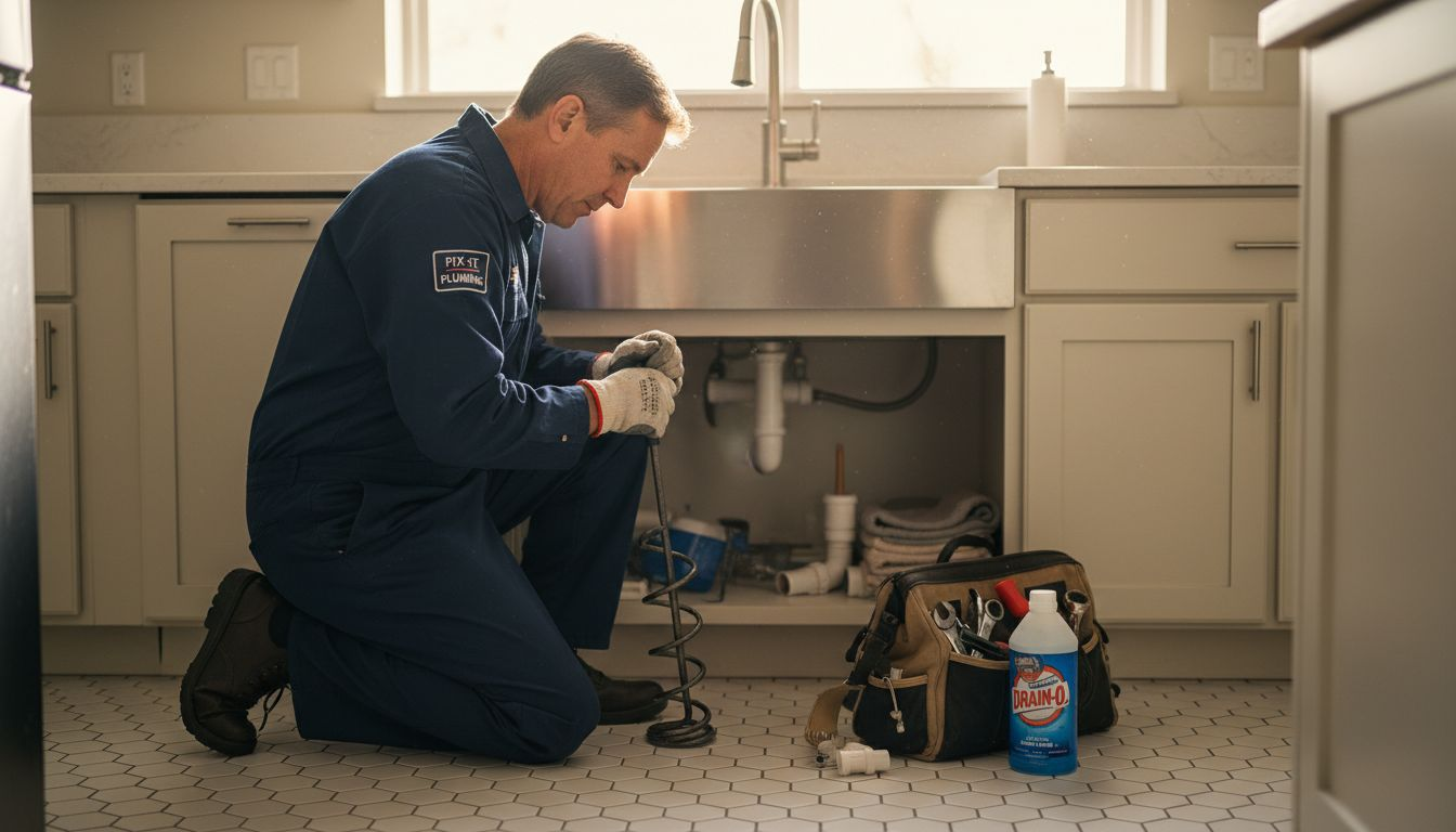 Plumber cleaning drain in sunlit kitchen