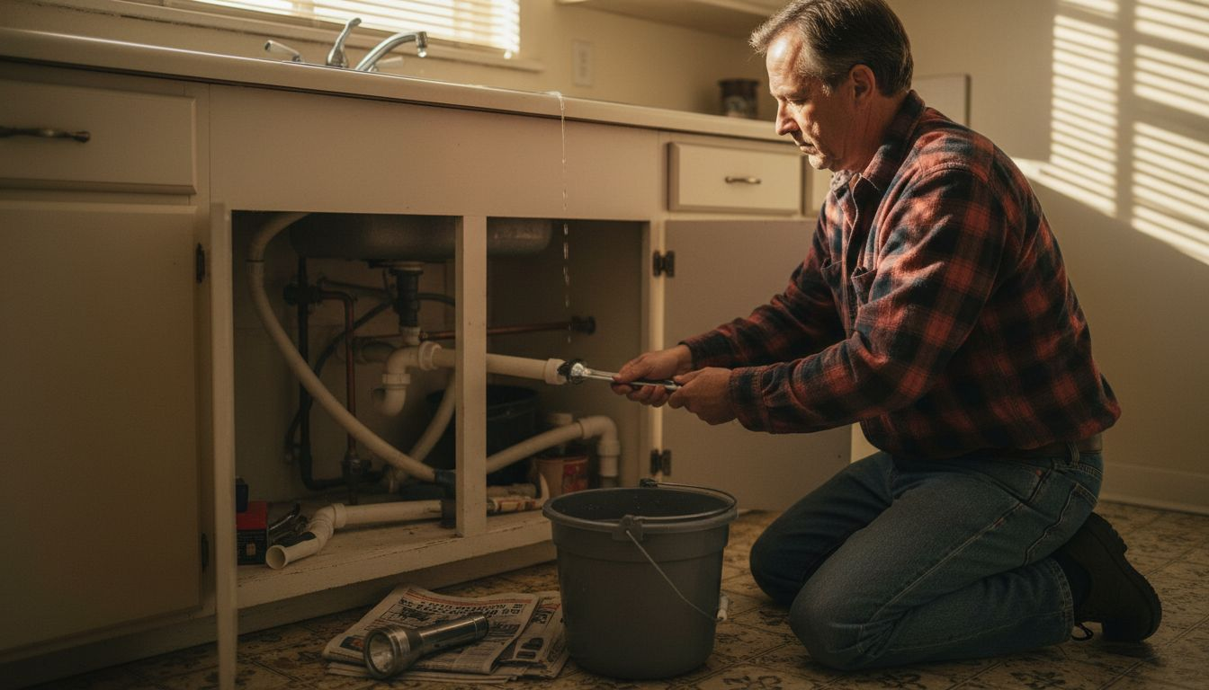 Homeowner fixing dripping kitchen faucet in Sacramento