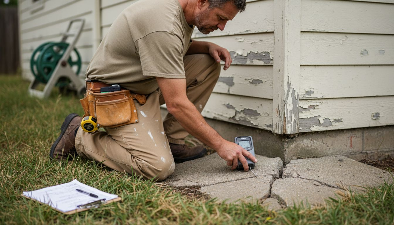 Plumber inspecting cracked home foundation slab