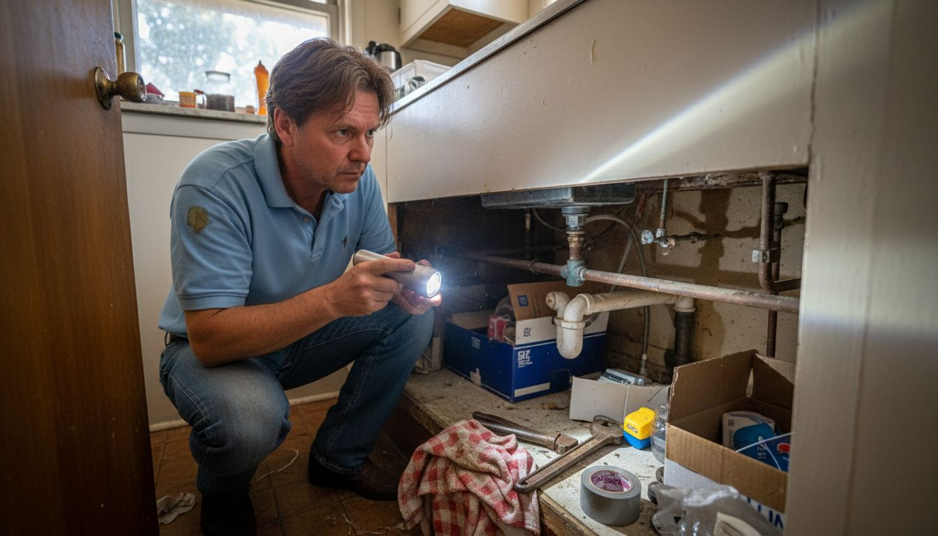 Homeowner checks pipes under kitchen sink