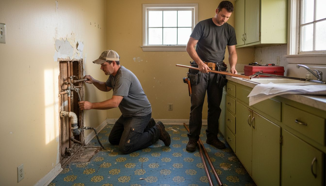 Plumbers preparing repiping job in vintage kitchen