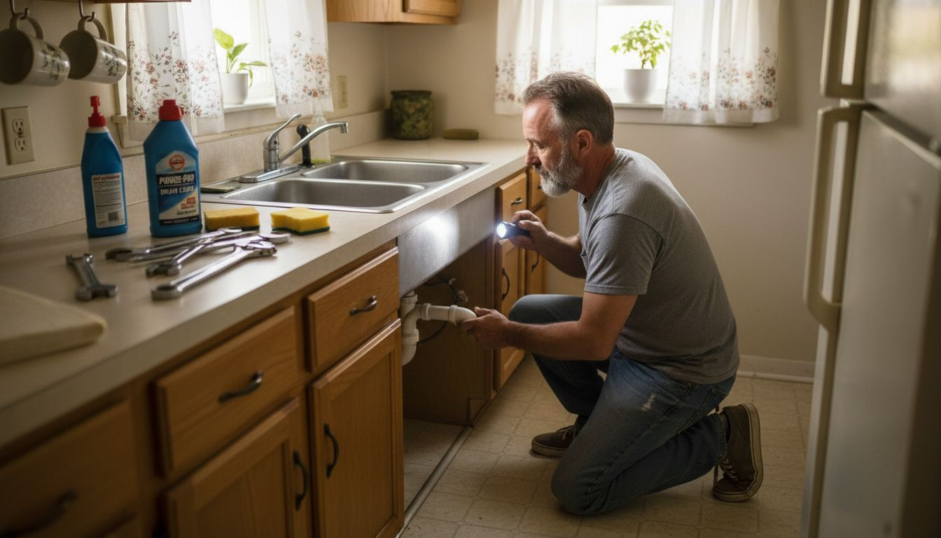 Homeowner checking for kitchen sink clog