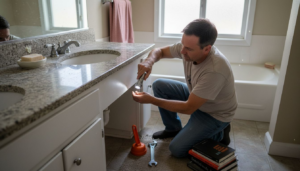 Homeowner checking bathroom faucet for leaks